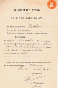 Akte van aanstelling tot ambtenaar van de burgelijke stand van Adriaan Jan Cornelis MG (1862-1939)